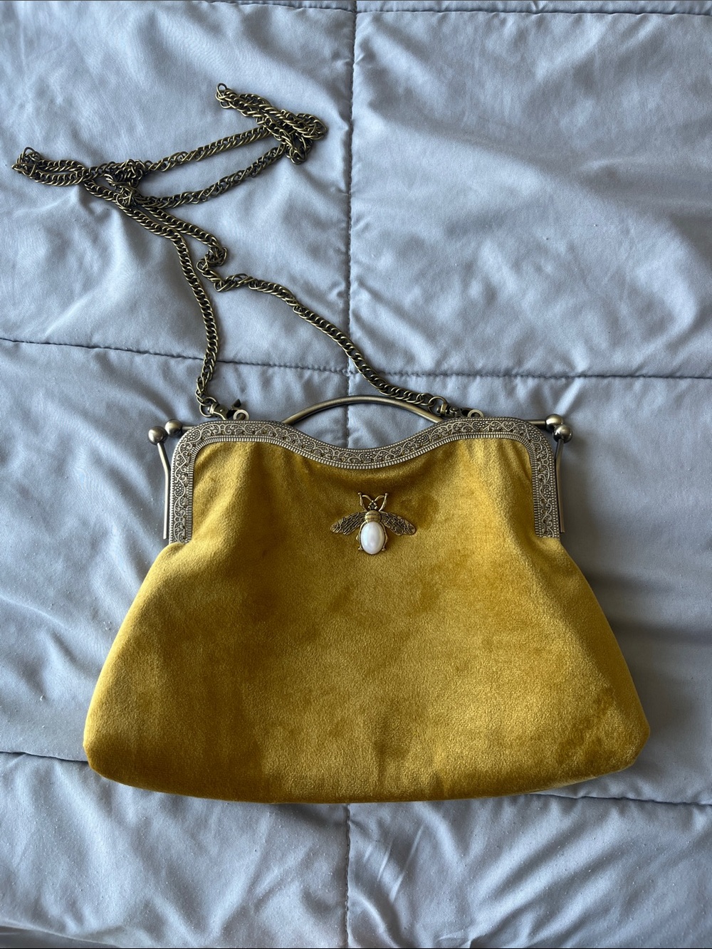 Golden Velvet Clutch Bag with Bee
